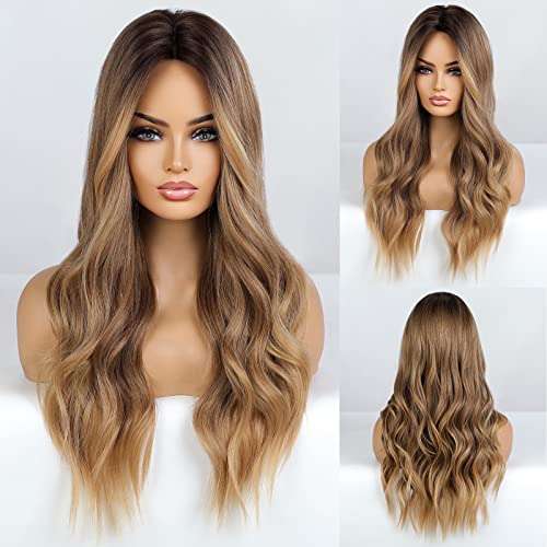 HAIRCUBE Long Curly Brown Wig with long, loose waves, a centre part and brown-to-blonde ombre synthetic hair