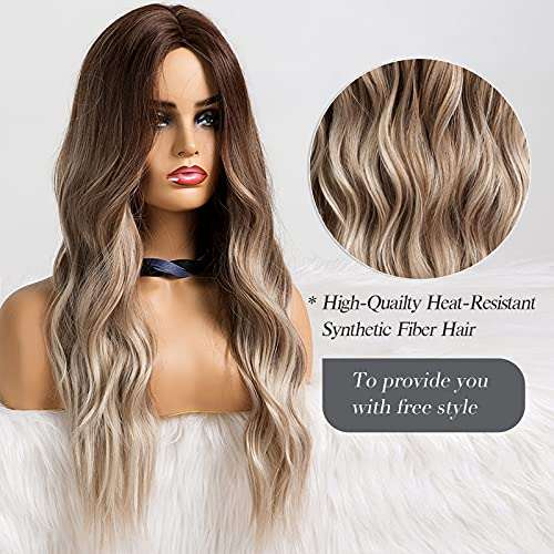 HAIRCUBE Long Curly Brown Wig with long loose waves, dark brown roots fading to ash-blonde ends and a middle part