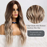 HAIRCUBE Long Curly Brown Wig with long loose waves, dark brown roots fading to ash-blonde ends and a middle part