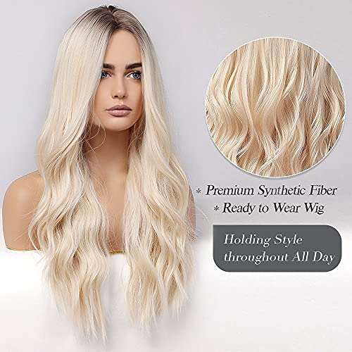 HAIRCUBE Long Curly Brown Wig with long, pale blonde synthetic waves, a center part, and softly curled ends