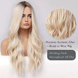 HAIRCUBE Long Curly Brown Wig with long, pale blonde synthetic waves, a center part, and softly curled ends