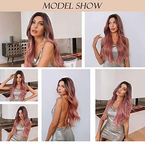 HAIRCUBE Long Curly Brown Wig with long, loose waves in a pink-brown shade and a center part