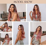HAIRCUBE Long Curly Brown Wig with long, loose waves in a pink-brown shade and a center part