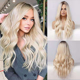HAIRCUBE Long Curly Brown Wig shown with long, wavy platinum blonde synthetic hair and a middle part