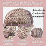 HAIRCUBE Long Curly Brown Wig shown inside out with a rose net cap, breathable open construction and adjustable straps
