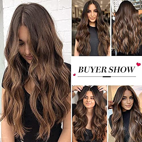 HAIRCUBE Long Curly Brown Wig with long, voluminous brown waves, a center part, and subtle lighter highlights