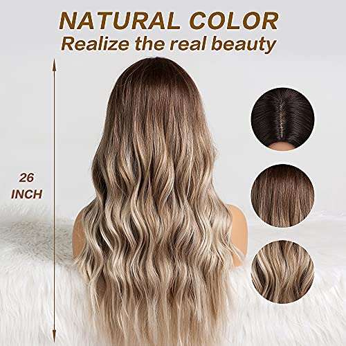 HAIRCUBE Long Curly Brown Wig with long, wavy brown synthetic hair blending into lighter blonde ends and a natural-looking part