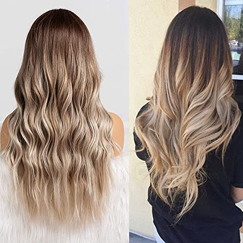 HAIRCUBE Long Curly Brown Wig with long wavy synthetic hair, dark brown roots and blended blonde highlights