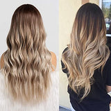 HAIRCUBE Long Curly Brown Wig with long wavy synthetic hair, dark brown roots and blended blonde highlights