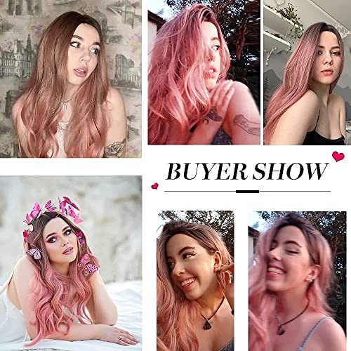 HAIRCUBE Long Curly Brown Wig shown on women in buyer photos, with long center-parted hair in soft pink and brown tones