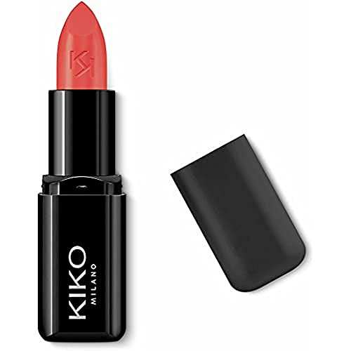 KIKO Milano Smart Fusion Lipstick 405 in a bright coral-red shade, with a smooth creamy stick and glossy black tube