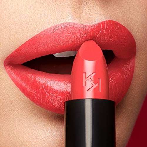 KIKO Milano Smart Fusion Lipstick 405 in a vivid coral-red shade with a creamy bullet and glossy black tube, shown against red lips