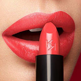 KIKO Milano Smart Fusion Lipstick 405 in a vivid coral-red shade with a creamy bullet and glossy black tube, shown against red lips