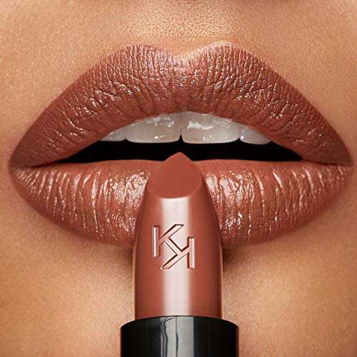 KIKO Milano Smart Fusion Lipstick 405 in a metallic rose tube with a warm brown lipstick tip and glossy nude-brown lips