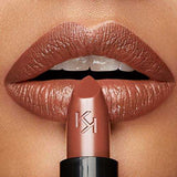 KIKO Milano Smart Fusion Lipstick 405 in a metallic rose tube with a warm brown lipstick tip and glossy nude-brown lips