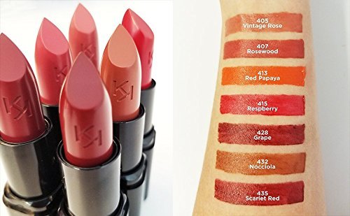 KIKO Milano Smart Fusion Lipstick 405 shown in a rose-pink lipstick tube beside swatches of multiple shades