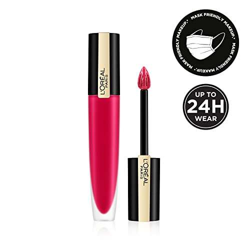 L'Oréal Paris Matte Liquid Lipstick in vivid fuchsia with a black and gold tube and matching doe-foot applicator