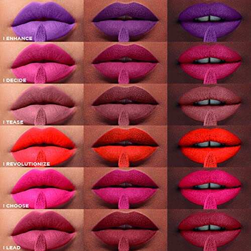L'Oréal Paris Matte Liquid Lipstick shown on lips in six vivid matte shades, from purple and pink to red and berry