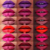 L'Oréal Paris Matte Liquid Lipstick shown on lips in six vivid matte shades, from purple and pink to red and berry