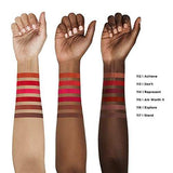 L'Oréal Paris Matte Liquid Lipstick swatches in red, rose and brown tones shown across three skin tones with shade names