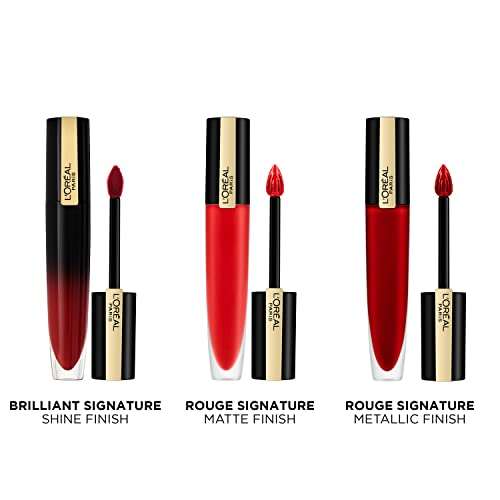 L'Oréal Paris Matte Liquid Lipstick shown in three red liquid lip colours with black and gold tubes and applicators