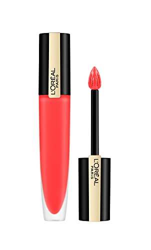 L'Oréal Paris Matte Liquid Lipstick in vibrant coral-red liquid with a black and gold tube and matching applicator