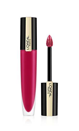L'Oréal Paris Matte Liquid Lipstick in vivid fuchsia, with a glossy black and gold tube and pointed doe-foot applicator