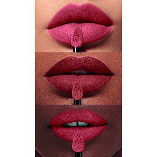 L'Oréal Paris Matte Liquid Lipstick shown on lips in three rich pink and berry shades with a matte finish and applicator