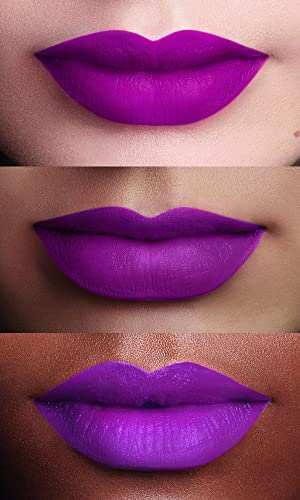 L'Oréal Paris Matte Liquid Lipstick shown on lips in vivid purple, with a smooth, opaque matte finish across three skin tones.