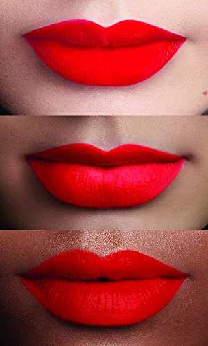 L'Oréal Paris Matte Liquid Lipstick in vivid red with a smooth matte finish shown on lips in three close-up views