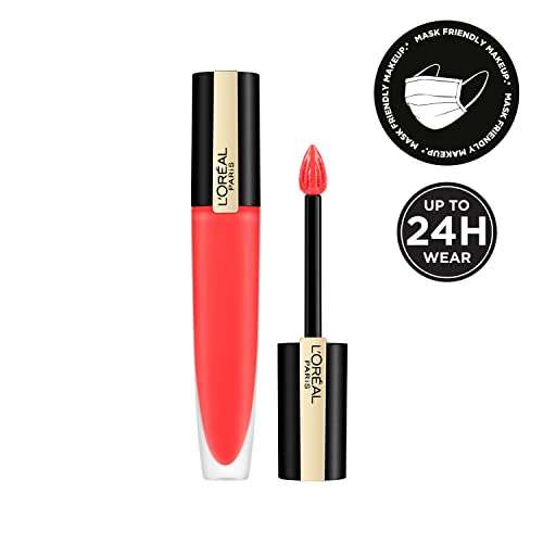L'Oréal Paris Matte Liquid Lipstick in vivid coral red with a glossy tube, gold accents, and doe-foot applicator