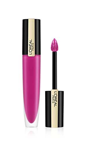 L'Oréal Paris Matte Liquid Lipstick in a vivid fuchsia-pink tube with black and gold accents and matching applicator