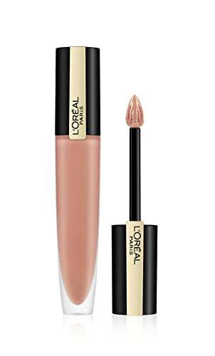 L'Oréal Paris Matte Liquid Lipstick in a nude pink liquid formula, shown with a black and gold tube and applicator