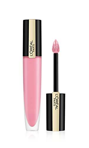 L'Oréal Paris Matte Liquid Lipstick in a pale pink shade, shown with a matching doe-foot applicator and black-and-gold packaging
