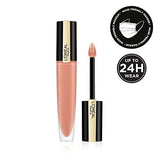 L'Oréal Paris Matte Liquid Lipstick in a peachy nude shade, shown with black-and-gold tube and doe-foot applicator