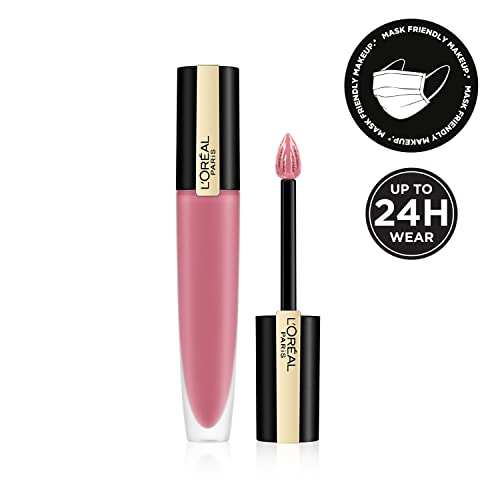 L'Oréal Paris Matte Liquid Lipstick in a pink liquid formula with gold-and-black tube and matching applicator