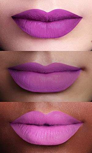 L'Oréal Paris Matte Liquid Lipstick in vivid purple and pink shades, shown with a smooth matte finish on lips