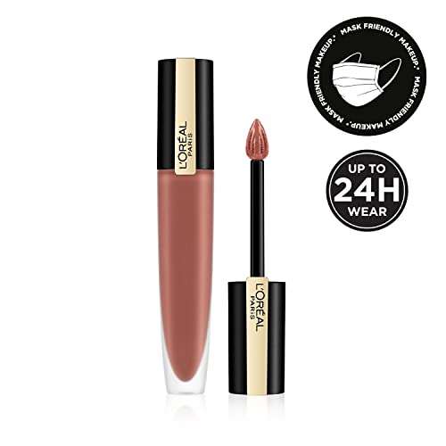 L'Oréal Paris Matte Liquid Lipstick in muted rose-brown liquid colour, with a gold-and-black tube and matching applicator