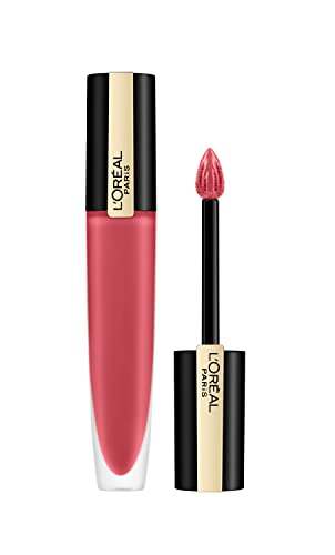 L'Oréal Paris Matte Liquid Lipstick in a rosy pink liquid tube with black and gold packaging and matching doe-foot applicator