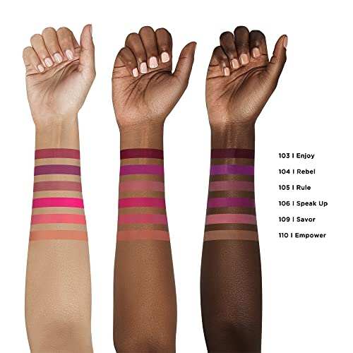 L'Oréal Paris Matte Liquid Lipstick swatches in berry, purple, pink, coral and nude shades on three skin tones
