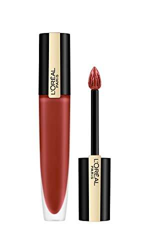 L'Oréal Paris Matte Liquid Lipstick in a warm terracotta shade, with a black and gold tube and doe-foot applicator