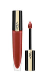 L'Oréal Paris Matte Liquid Lipstick in a warm terracotta shade, with a black and gold tube and doe-foot applicator