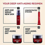 L’Oreal Revitalift Eye Cream shown as a slim red concentrated eye-care tube with a metallic applicator tip in an anti-ageing regimen graphic