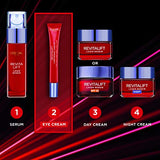 L’Oreal Revitalift Eye Cream shown as a slim red tube with a blue cap, highlighted among matching skincare products