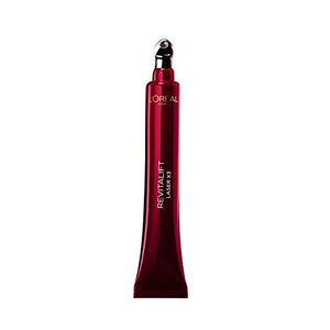 L’Oreal Revitalift Eye Cream in a glossy deep red tube with a rounded metallic applicator tip and slim shape