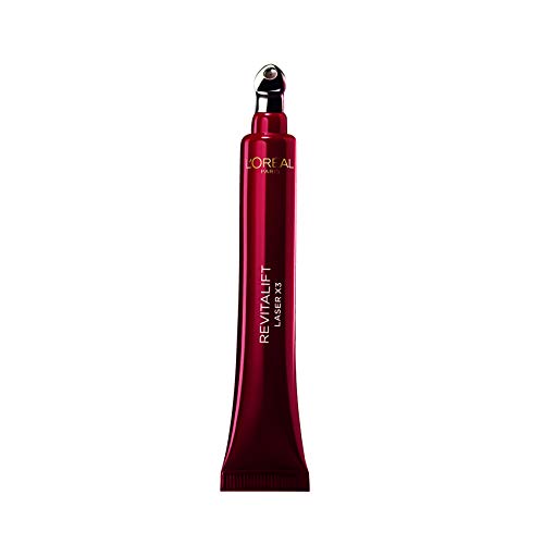L’Oreal Revitalift Eye Cream in a glossy deep red tube with a rounded metallic applicator tip and slim shape