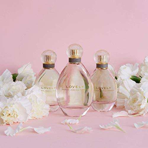 Lovely by SJP Eau de Parfum 30ml bottles with white flowers on pink background