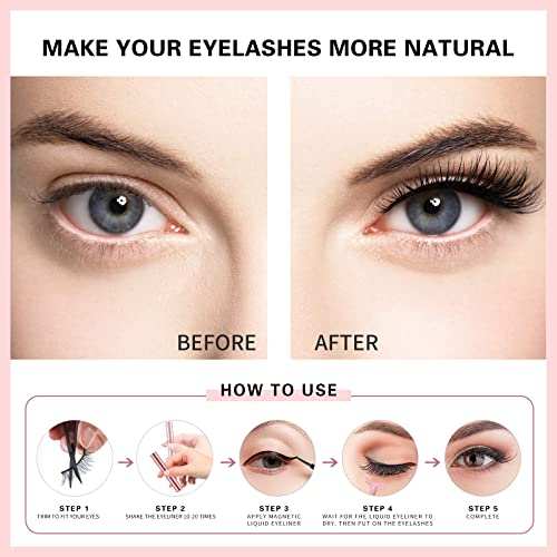 Magnetic Eyelashes Kit showing a before-and-after eye with fuller black lashes and illustrated application steps