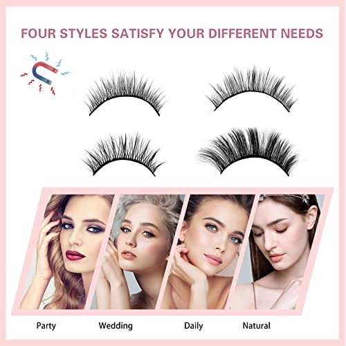 Magnetic Eyelashes Kit showing four pairs of black curved lashes in different wispy styles for party, wedding, daily and natural looks