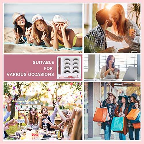 Magnetic Eyelashes Kit with four pairs of black curled lashes in a pink case, shown alongside lifestyle scenes